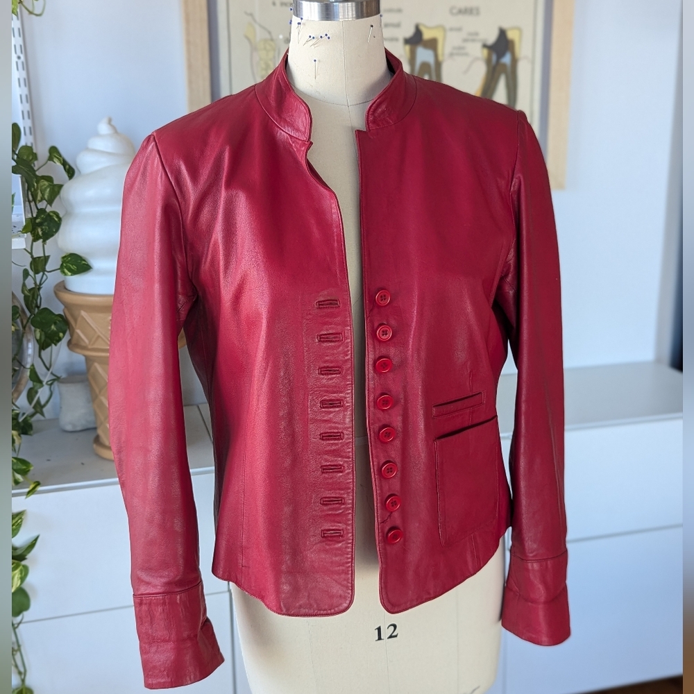 Fitted Red Button Leather Jacket XL / 44